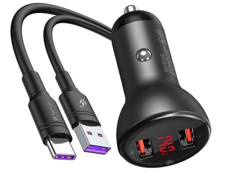 Baseus Digital Display | Ładowarka samochodowa 2x USB Quick Charge 3.0 Huawei SuperCharge 5A + kabel 1m EOL